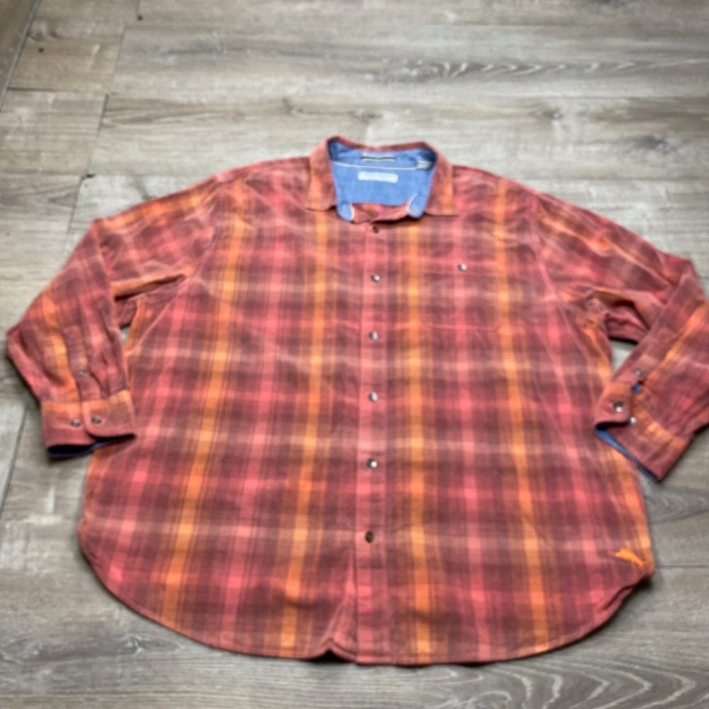 Tommy Bahama Coastline Cord Shirt Mens 2XL Orange Plaid Cotton Button Down